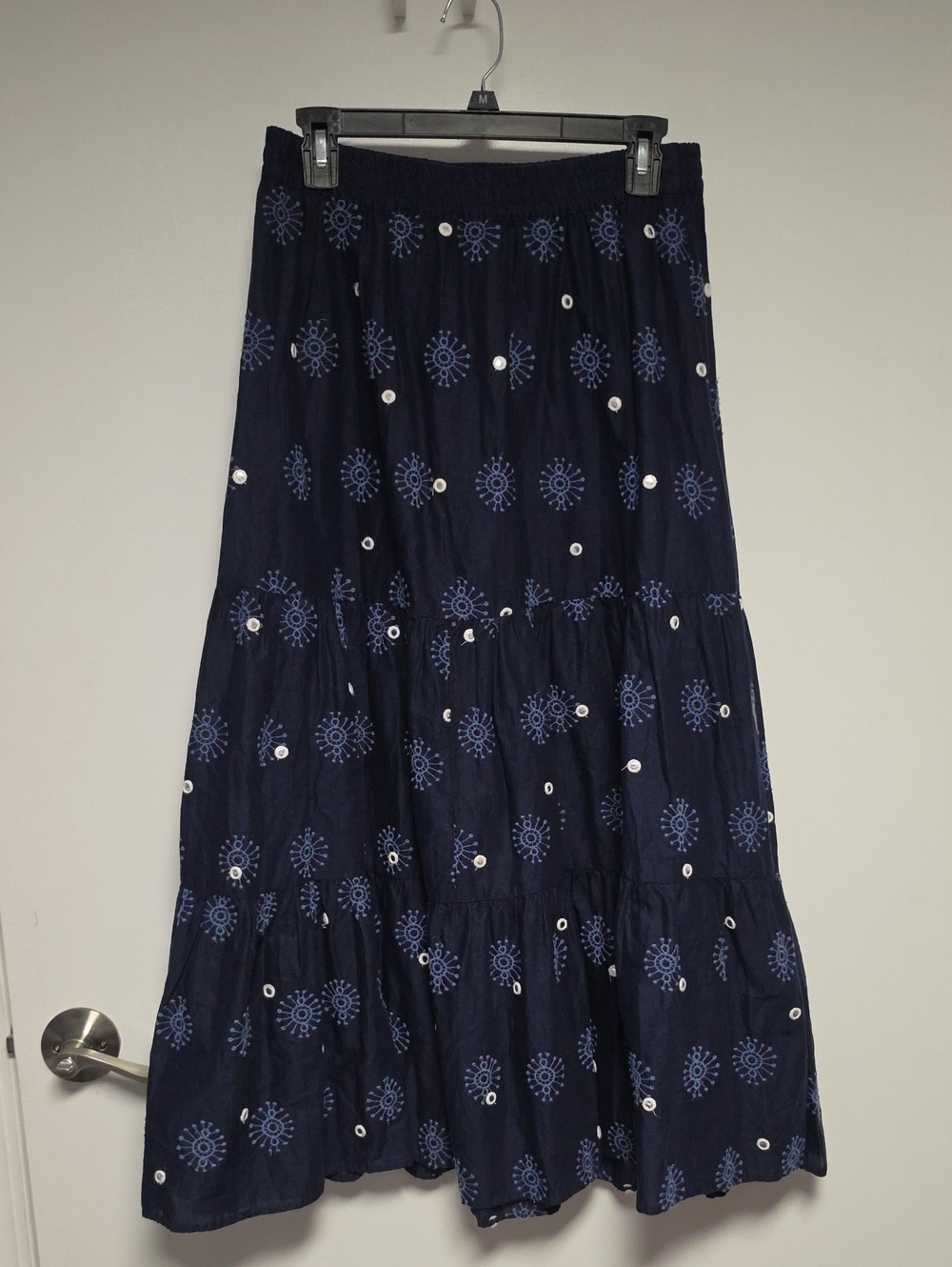 Zara Navy Tiered Maxi Skirt with Light Blue And White Embroidered Motifs Size S